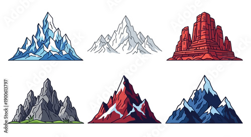 A collection of six distinct stylized mountain illustrations, showcasing various geological formations and colors, including snowy peaks, rocky landscapes, and red rock mesas.