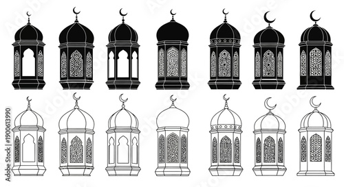 Collection of traditional Islamic lanterns in black silhouette and outline styles, featuring intricate designs and crescent moon tops.