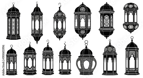 Collection of black and white traditional Islamic lanterns with intricate patterns and decorative elements.