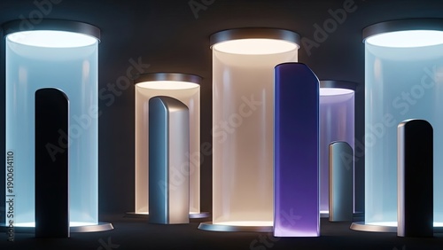futuristic illuminated cylindrical and rectangular light installations in a dark space with varied