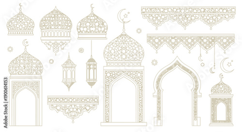 Elegant collection of Islamic architectural elements and decorative patterns, including mosque domes, arches, and lanterns, in a light, ornate style.