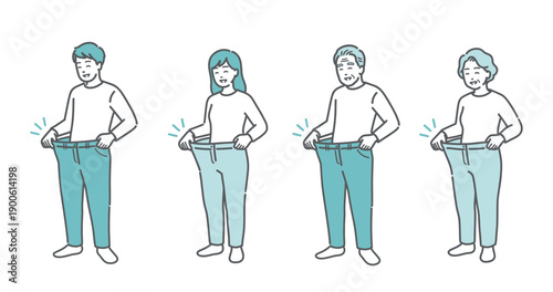 ダイエットに成功してズボンがブカブカになった老若男女のイラストセット（健康・減量・全世代）