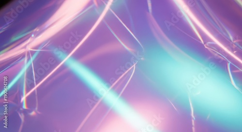 Bright neon light beams refract across a smooth, iridescent surface in abstract composition.