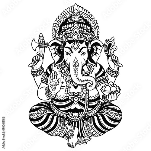 Intricate Black and White Ganesha Deity Line Art
