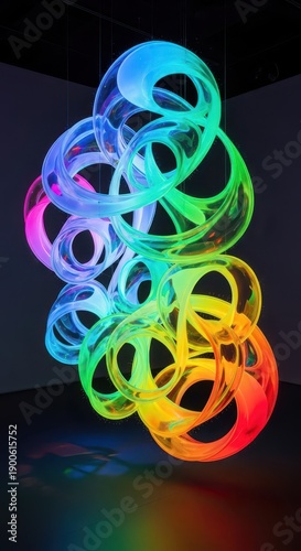 Illuminated abstract sculpture composed of interconnected glowing forms hangs dramatically in a dark space