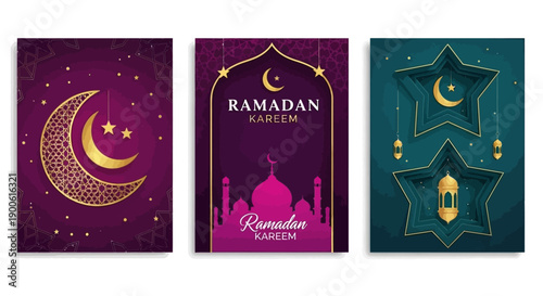 Three Ramadan greeting cards featuring Islamic motifs like crescent moons, stars, mosques, and lanterns in purple and teal.