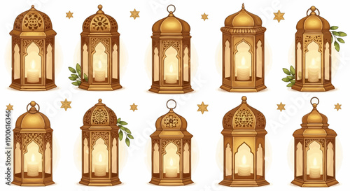 A collection of ten ornate golden Ramadan lanterns with intricate patterns and glowing candles inside, set against a white background with small star accents.