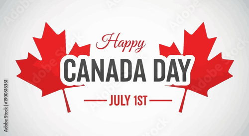 Happy Canada Day July 1st graphic with red maple leaves and text.