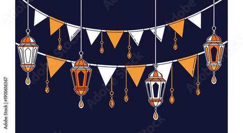 Decorative Ramadan lanterns and bunting flags hanging against a dark blue background, symbolizing celebration and festivity.