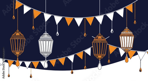Decorative lanterns and bunting flags hanging against a dark blue background, creating a festive atmosphere.