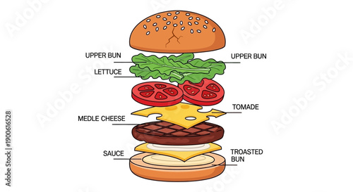 An exploded view diagram illustrating the layered ingredients of a classic cheeseburger, from the toasted bottom bun to the sesame seed top bun.