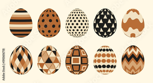 A collection of ten decorative Easter eggs with intricate geometric patterns in shades of brown and beige.