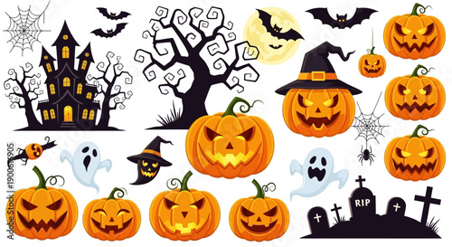 A collection of spooky Halloween illustrations including jack-o'-lanterns, ghosts, bats, a haunted house, and a graveyard.