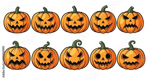 A collection of ten carved Halloween pumpkins with spooky faces, displayed in two rows against a white background.