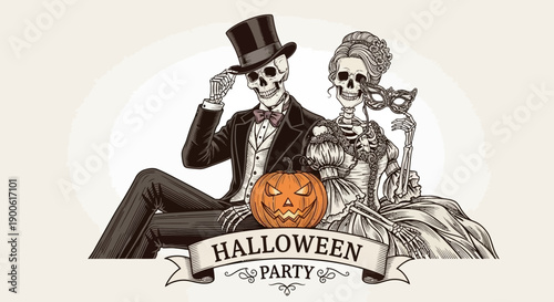 Elegant skeletons dressed in formal attire, a top hat and a masquerade mask, sit beside a carved pumpkin, celebrating a Halloween party.