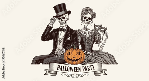 A vintage illustration of two skeletons dressed in formal attire, sitting next to a jack-o'-lantern, with a banner reading "Halloween Party".