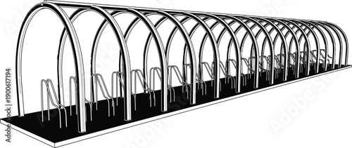 Black and white vector illustration of modern covered bicycle parking shelter with metal racks, urban outdoor street furniture for eco friendly city bike storage.