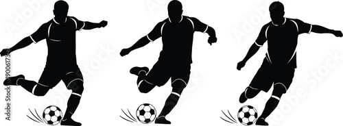 Set of black soccer player silhouettes of male football athletes kicking a ball with motion lines, competitive sports vector for athletic game tournament match.