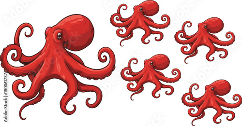 Collection of octopus vector characters in vibrant red color for sea animal illustration and nautical branding