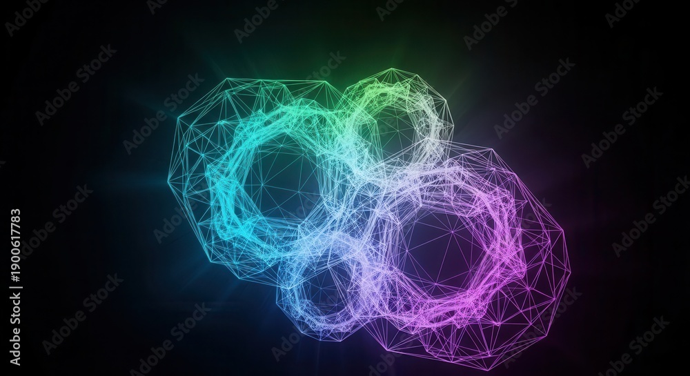 Naklejka premium Illuminated geometric lattice structure displays vibrant gradient colors against a dark background