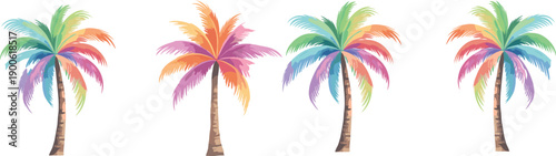 Set of Colorful Tropical Palm Tree Vectors with Rainbow Gradient Leaves for Summer, Beach and Travel Design