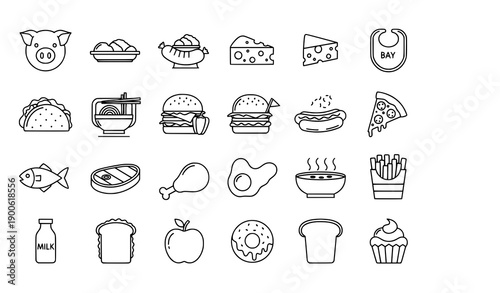 Meal outline icon set with fast food and dining symbols editable vector collection for web and mobile design