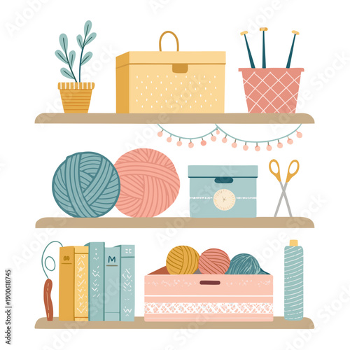 Crafting supplies and books neatly arranged on wooden shelves, viewed from the front, with various knitting and sewing materials.