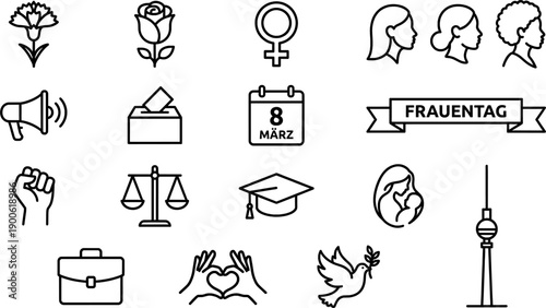 International Women's Day Germany Line Art Icon Set.