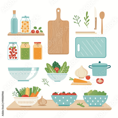 Kitchen utensils and ingredients arranged on shelves and countertops, showcasing cooking essentials and fresh produce in a culinary setting, viewed from directly above