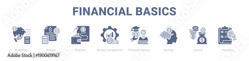 Financial Basics web banner icon vector illustration concept ,  with icon of Budgeting, Budget, Expense, Money management, Financial literacy, Savings.
