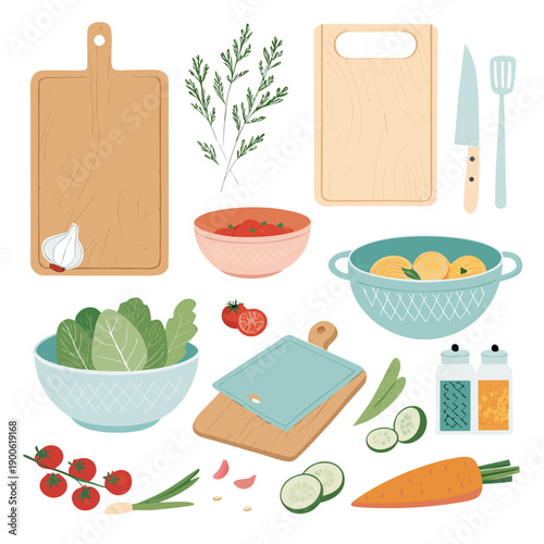 Kitchen utensils and fresh vegetables arranged on a clean surface for food preparation, viewed from directly above