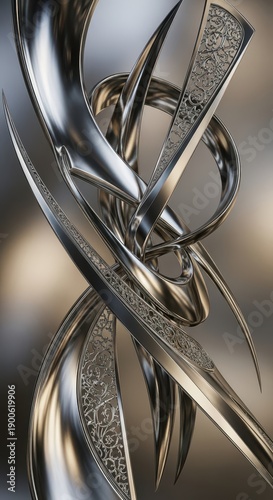 Intricate swirling metallic forms create a dynamic abstract sculpture composition