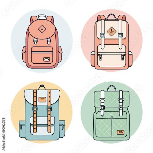 Collection of assorted travel backpacks depicted in various colors and designs, illustrated in a flat style