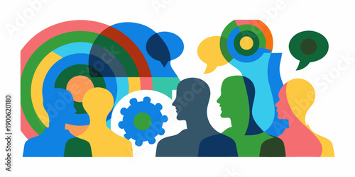 Abstract illustration depicting communication collaboration and diverse human profiles