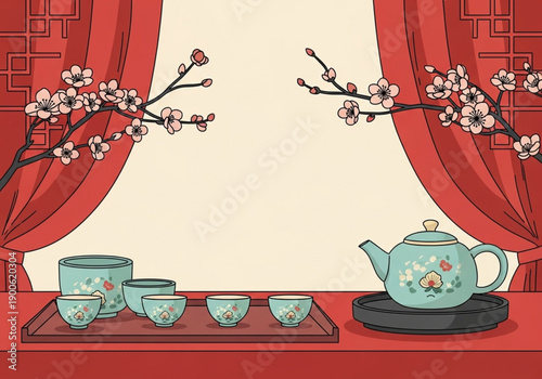 Elegant Asian Tea Ceremony with Blooming Cherry Blossom Branches and Traditional Teaware in a Serene Setting