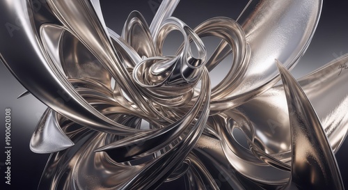 Complex metallic structure composed of interwoven, highly reflective, swirling ribbons fills the frame against a dark background.