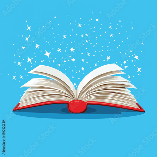 Open book with red book cover and white stars flying out. Isolated on powder blue background. , vector style simple color