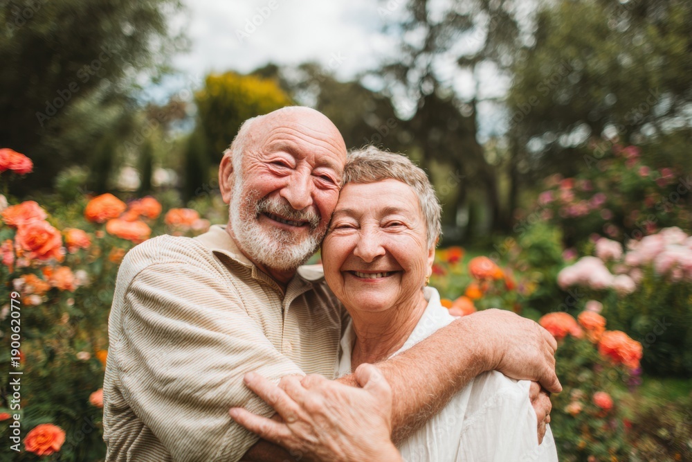 Obraz premium Happy Senior Couple Embracing and Smiling in a Lush Flower Garden for Healthcare and Retirement Living Brochures; Elderly Pair Enjoying a Romantic Date in Nature
