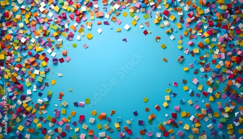Multicolored confetti on a blue background with festive celebration atmosphere