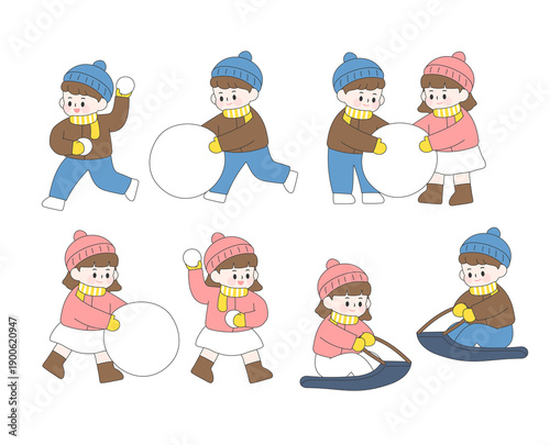 Kids Playing Snowball and Winter Outdoor Activity Illustration Set
