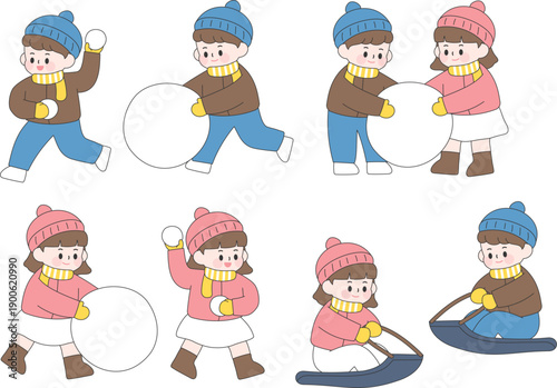 Kids Playing Snowball and Winter Outdoor Activity Illustration Set