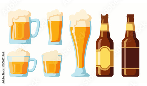 Cartoon beer collection with mugs bottles and glasses isolated vector set