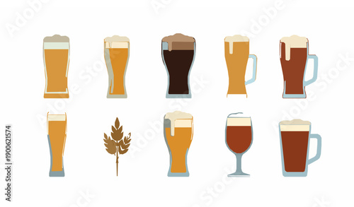 Flat beer glasses icon set different styles of beer isolated on white background