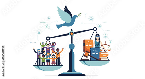 Justice scale balancing diverse community, law books, and peace dove
