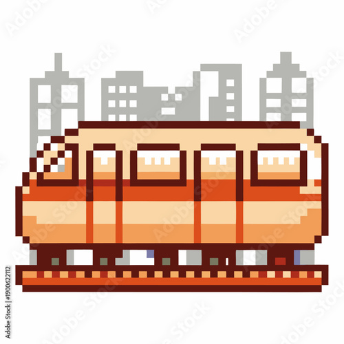 Pixel art city tram on rails retro urban public transport in orange shades, buildings background illustration