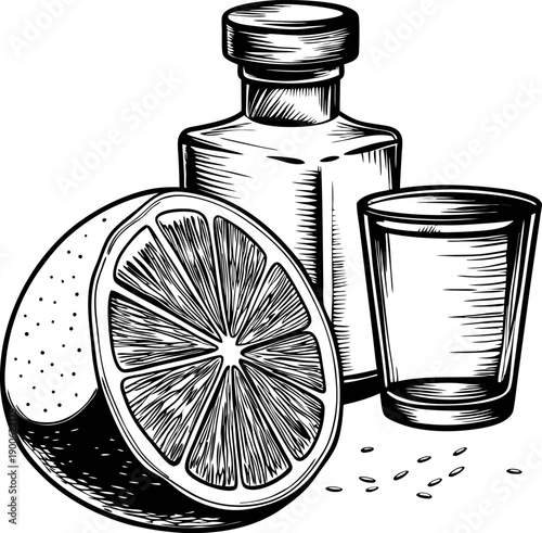 Bottle of tequila with glass and lime wedge, hand drawn illustration of traditional mexican drink ingredients