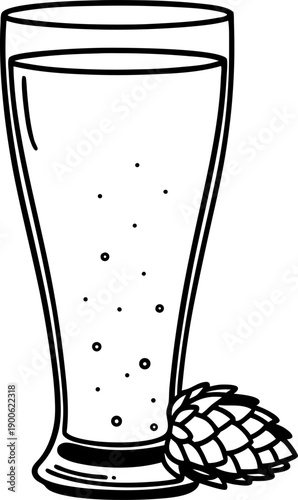 Tall glass of beer with bubbles and hop cone beside clean outline illustration for brewing, beer drinking, brewing ingredients concept