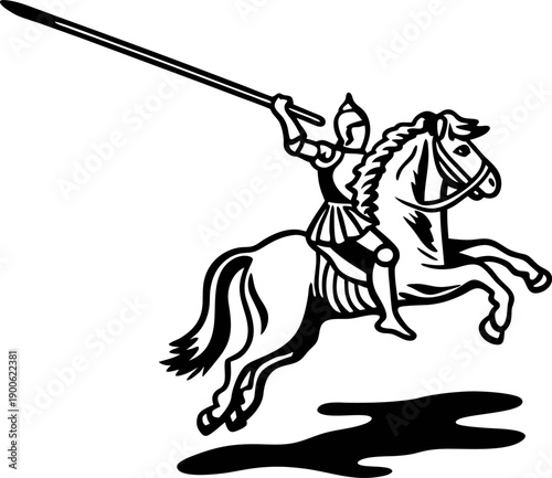 Medieval knight in armor jousting on a rearing horse with lance in hand