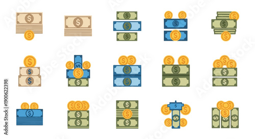 Stacks of money and coins are arranged in various formations on a white surface, representing wealth and financial stability.