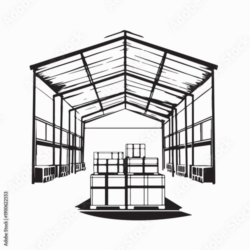 Warehouse Interior Vector. Industrial warehouse interior filled with stuff boxes